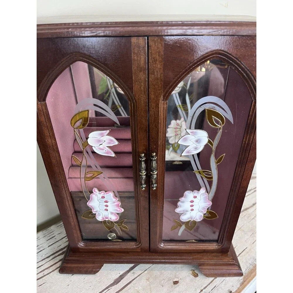Vintage Wooden Jewelry Armoire Box Cabinet w/ Glass Floral Doors & Drawers